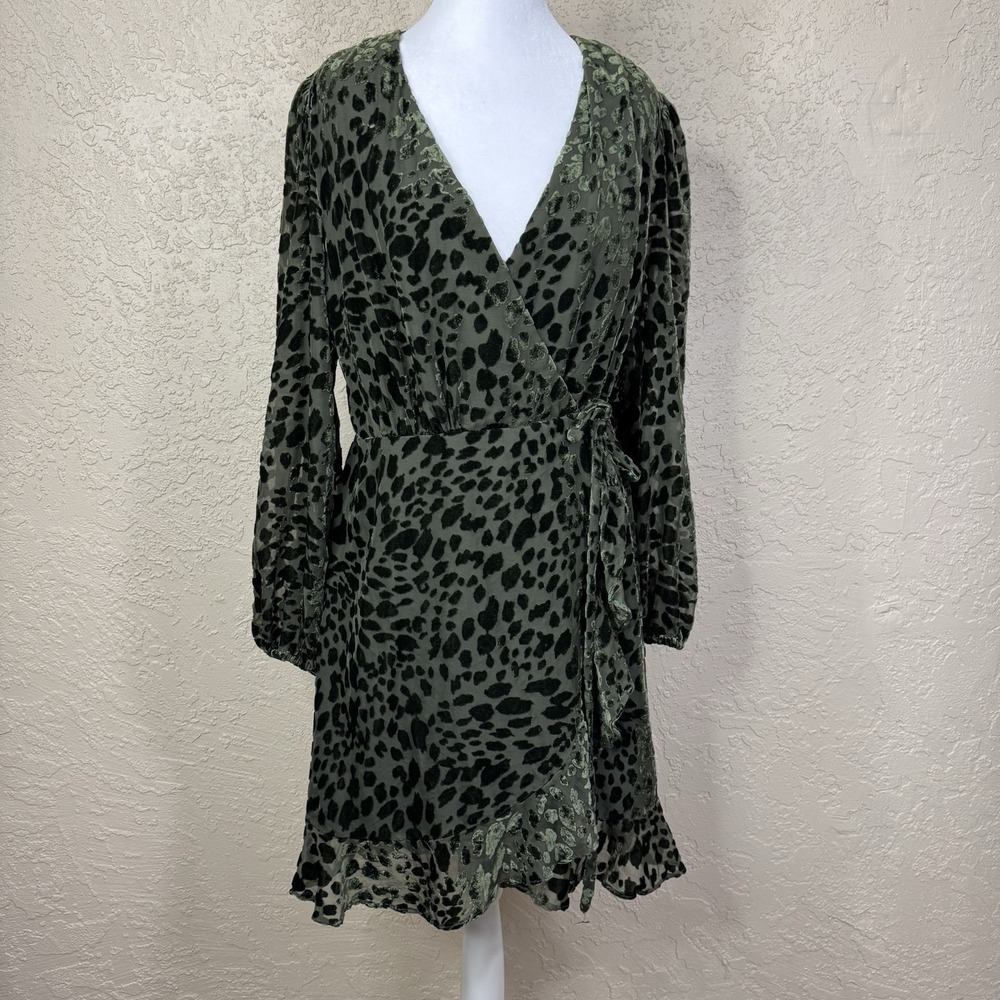 Burnout Velvet Wrap Dress 10 Green Asymmetrical Ruffle Forest Fairy Animal Print